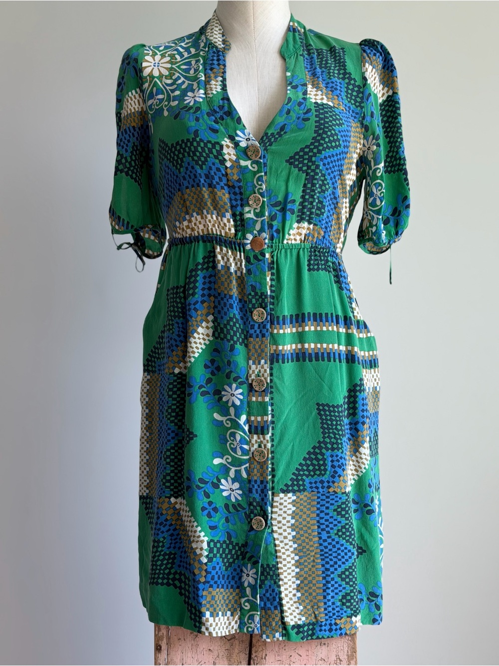 Moulinette Soeurs Green Floral Button-Front Midi Dress